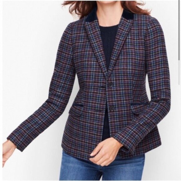 Talbots Jackets & Blazers - Talbots Plaid Shetland Wool Mistletoe Blazer with Blue Velvet Collar